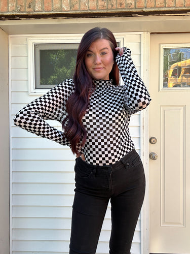 Checkered Mesh Mock Neck Top