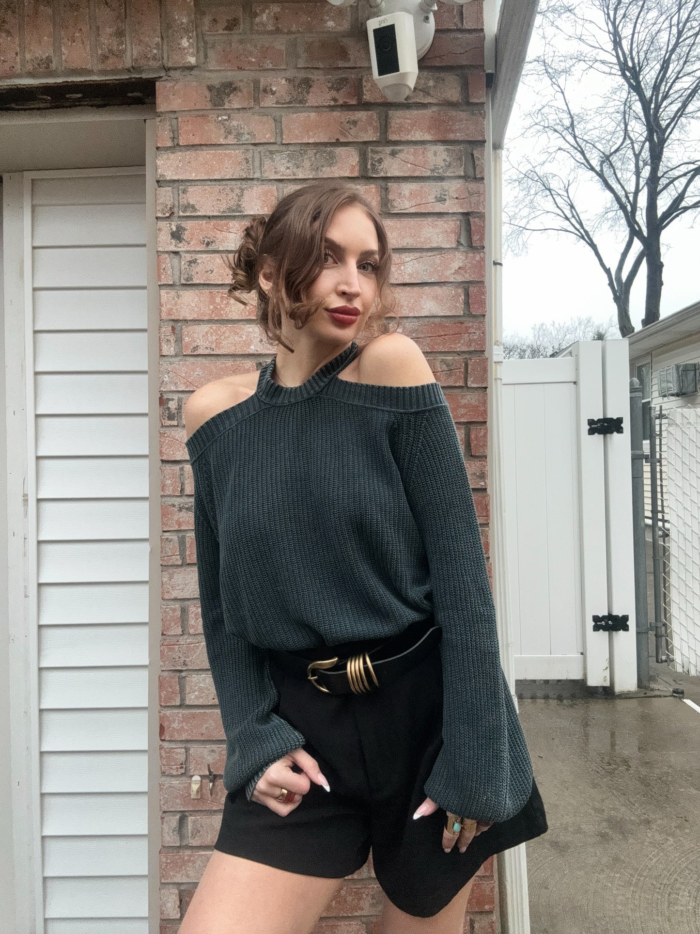 Cold Shoulder Washed Sweater