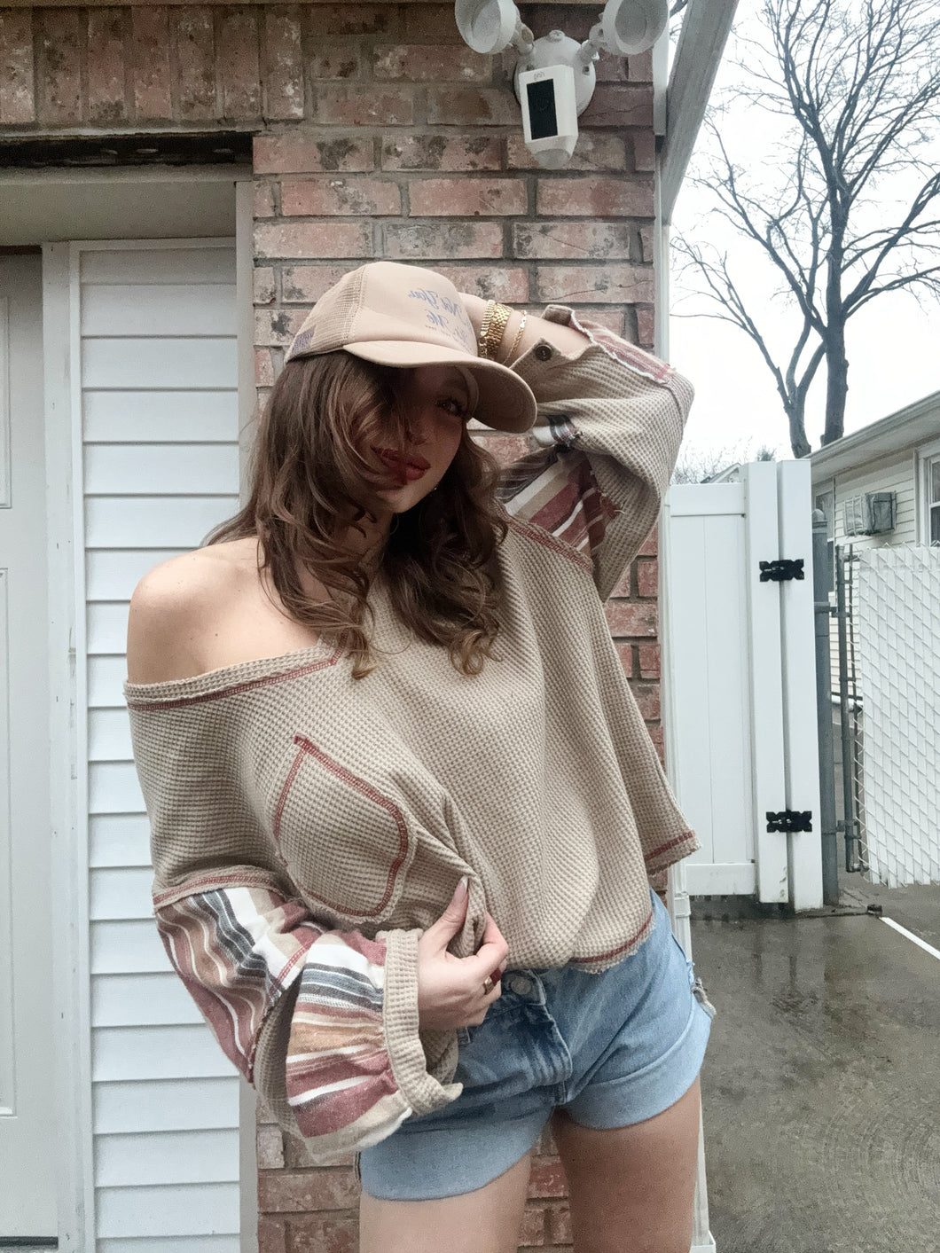 Oversized Waffle Knit Top (Taupe)