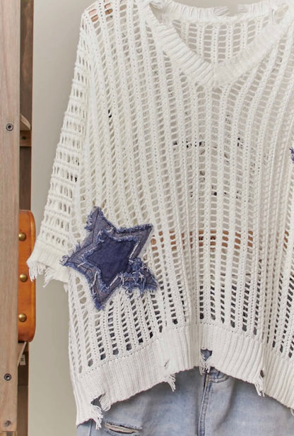 Distressed Star Knit Pullover