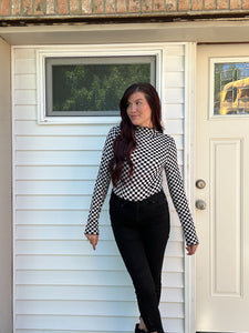 Checkered Mesh Mock Neck Top