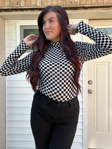 Checkered Mesh Mock Neck Top