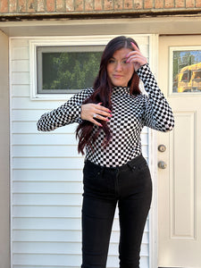 Checkered Mesh Mock Neck Top