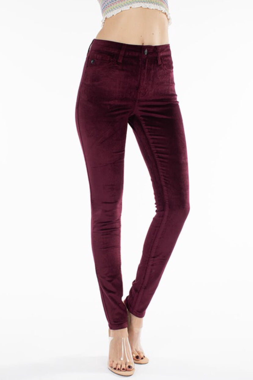 Mid-Rise Maroon Velvet Skinny Jean