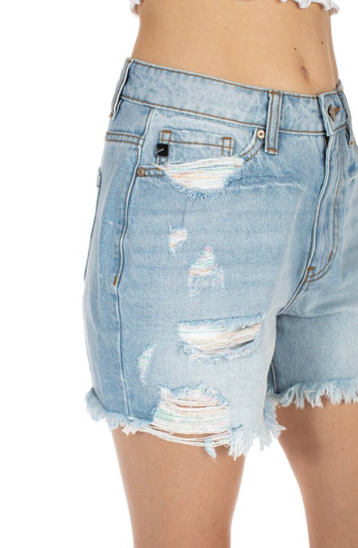 High-Rise Light Wash Distressed Shorts