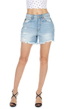 Load image into Gallery viewer, High-Rise Light Wash Distressed Shorts