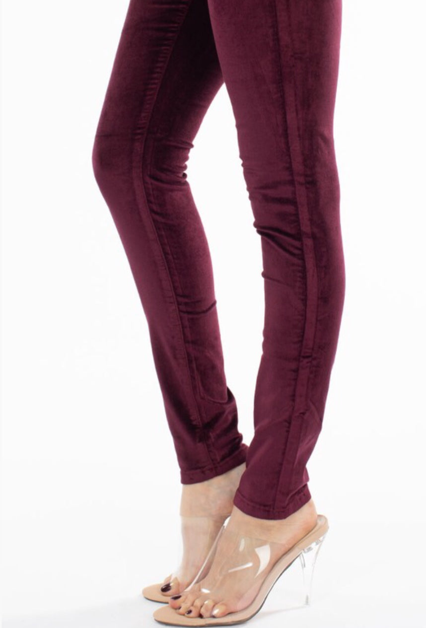 Mid-Rise Maroon Velvet Skinny Jean