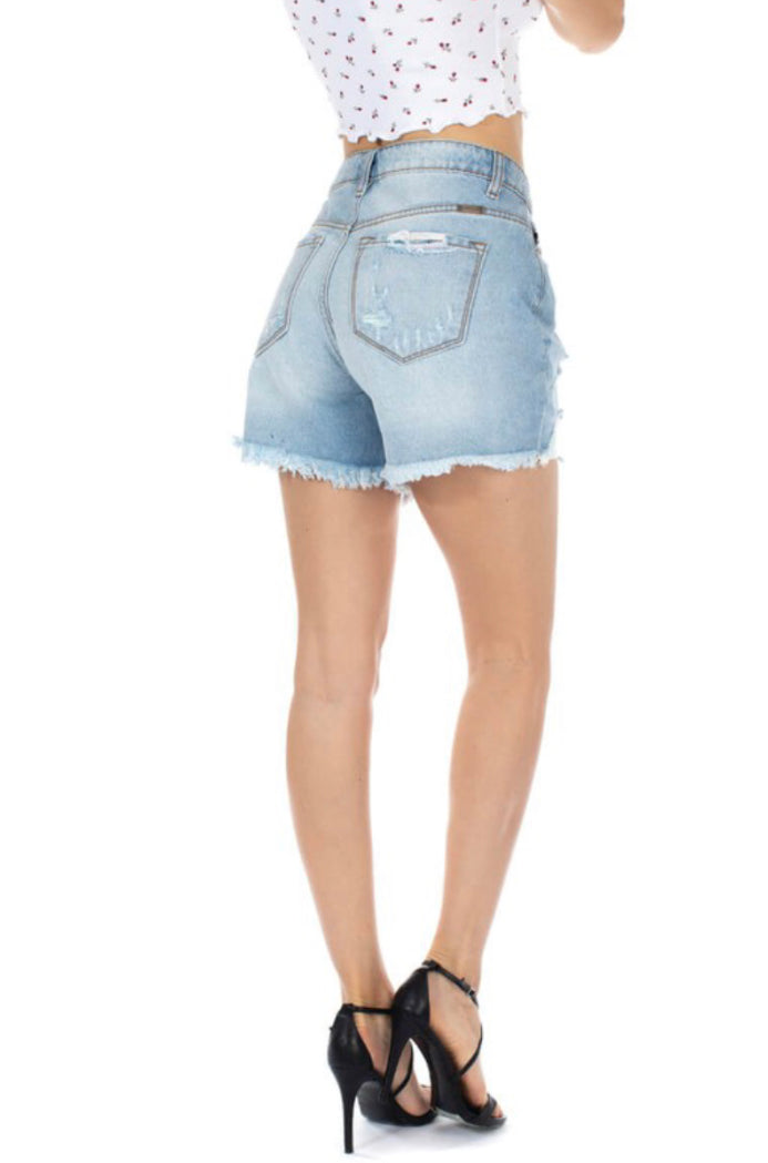 High-Rise Light Wash Distressed Shorts