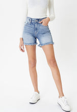 Load image into Gallery viewer, High Rise Frayed Stretch Denim Shorts