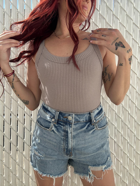 Ribbed Backless Bodysuit Taupe